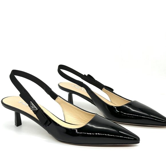 PRADA Triangle Logo Bow Pointed Toe Kitten Heel Slingback Pumps Sandals - Picture 14 of 16